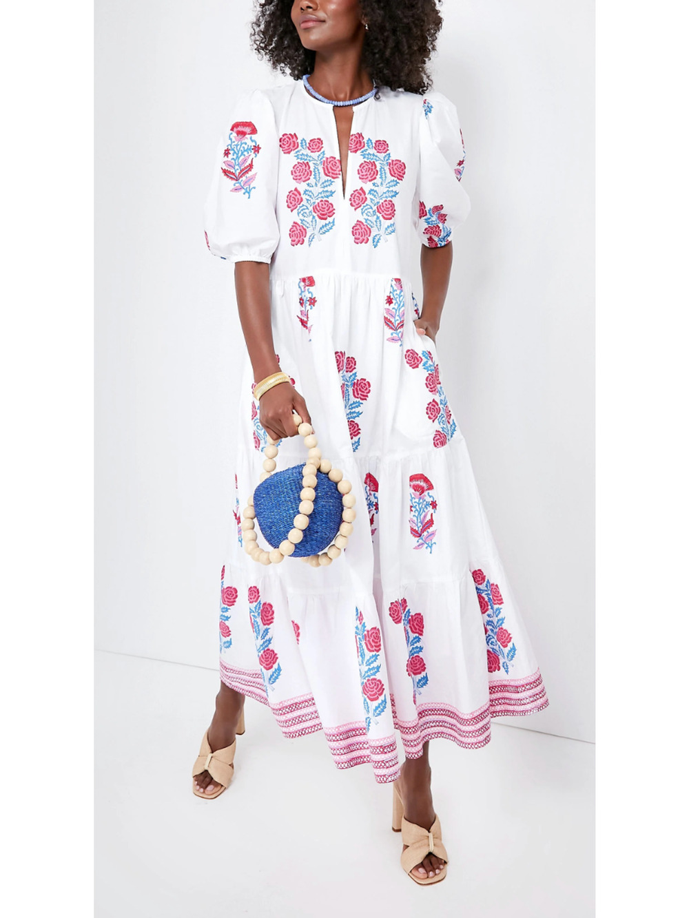 OLIPHANT Tuckernuck Pink Blue Block Print Grandiflora Puff Sleeve Maxi Dress XS - Picture 1 of 14